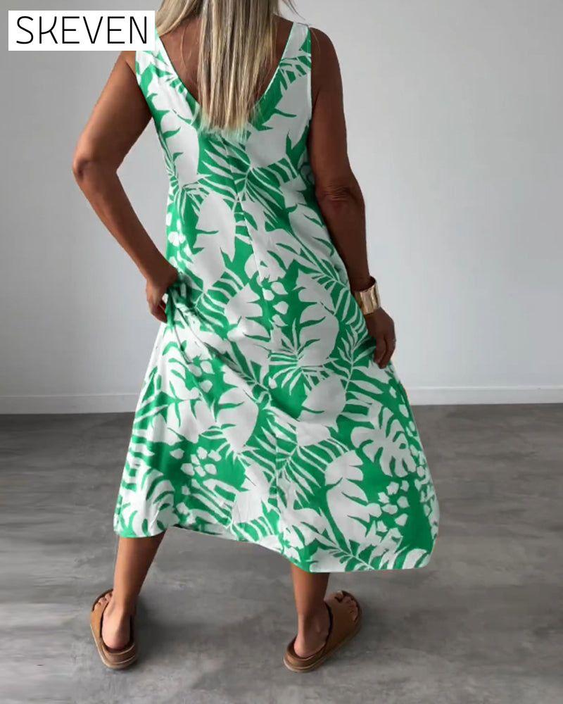 Leaf print casual sleeveless dress