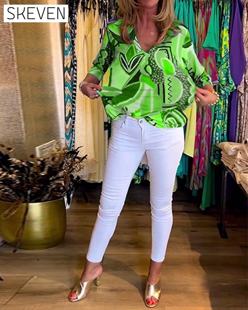 Long Sleeve Loose Printed Blouse