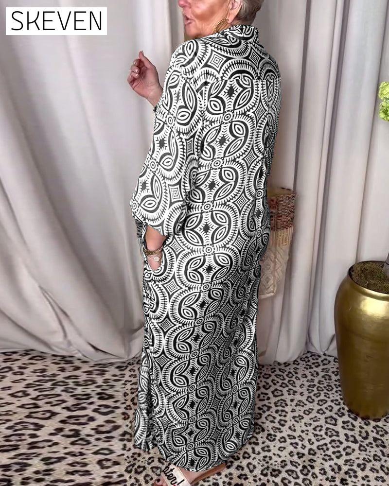 Vintage printed lapel pocket maxi dress
