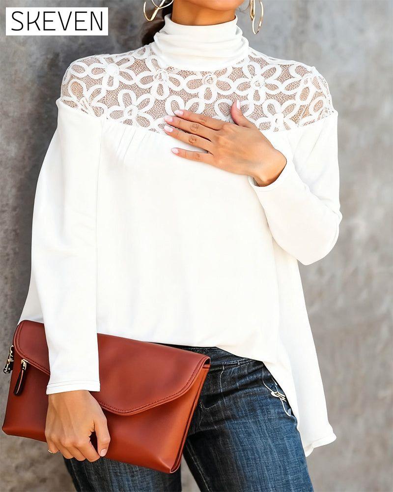 Turtleneck Lace Sheer Knit Top