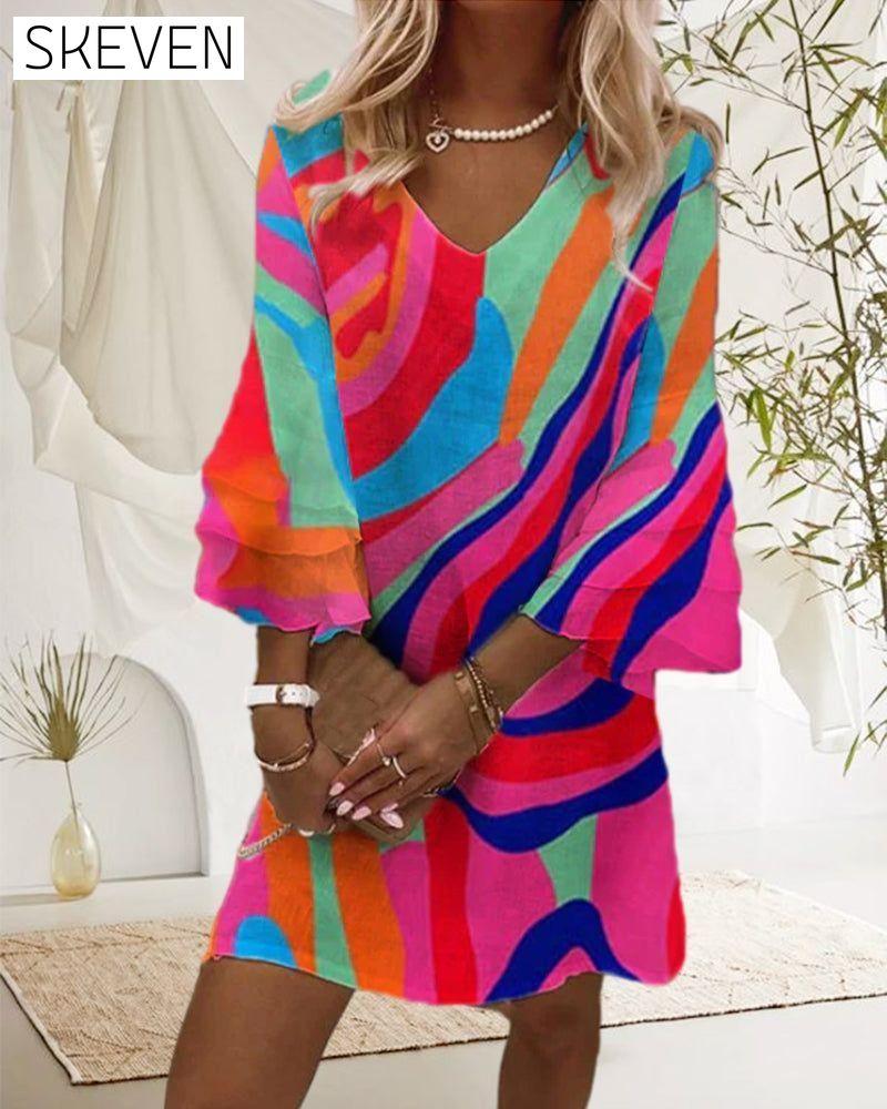 Bell Sleeve Multicolor Print Dress 23BF Casual Dresses Clothes Dresses Spring Summer