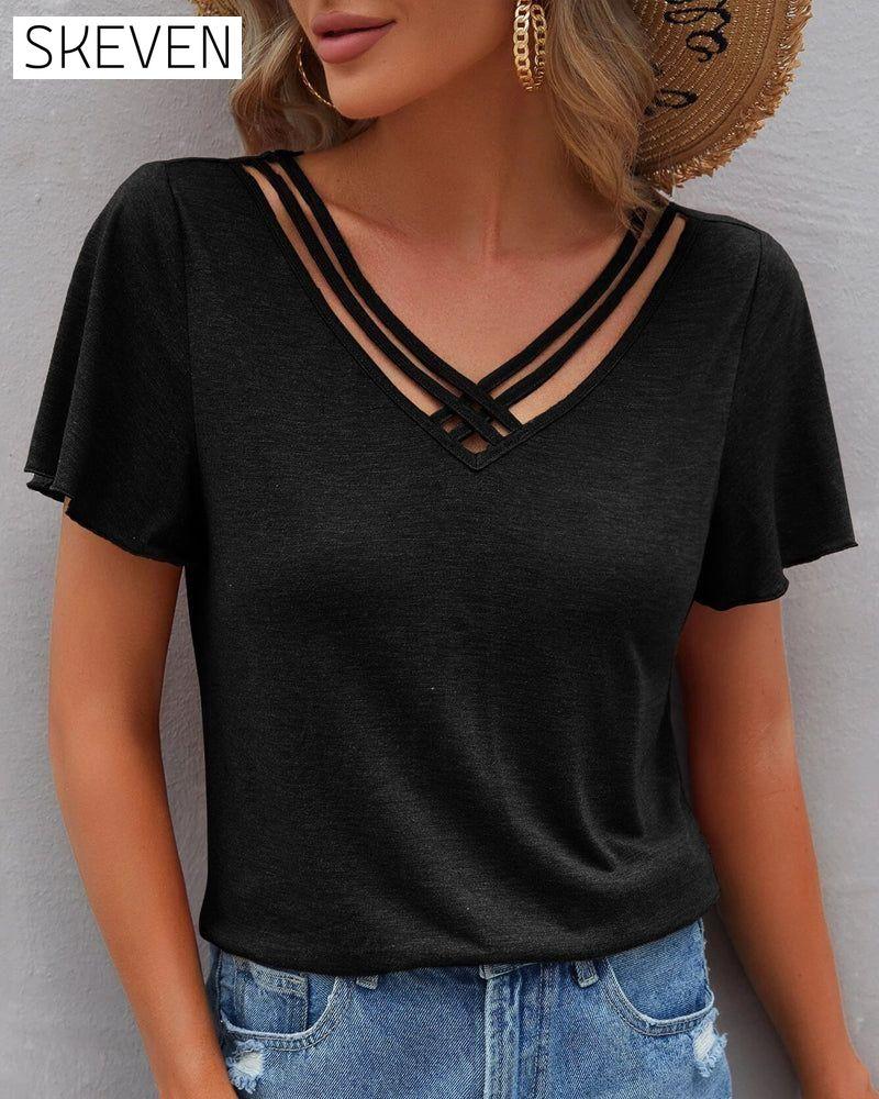 Solid color Cut Out T-shirt Black 23BF clothes Short Sleeve Tops Summer T-shirts Tops/Blouses