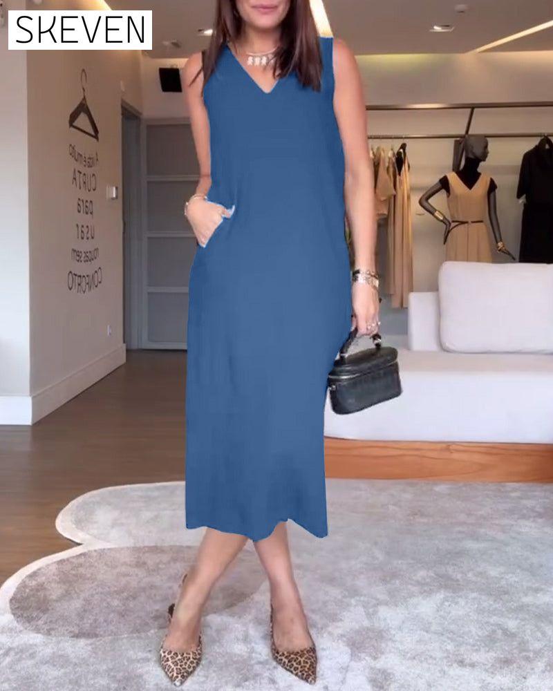 Robe décontractée sans manches à col en V et fente unie