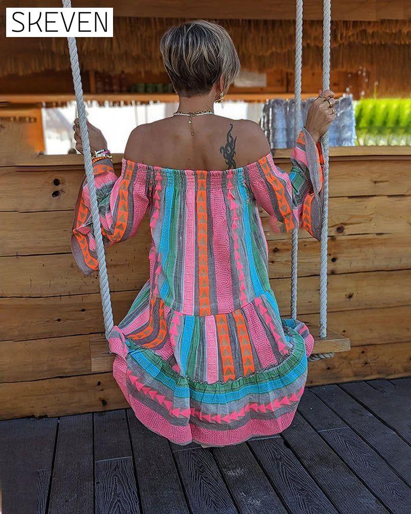 Bell Sleeve Boat neck Dress 23BF Casual Dresses Clothes Dresses Spring Summer
