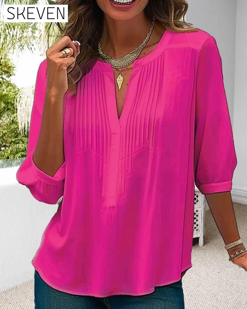 V-neck pleated solid color blouse