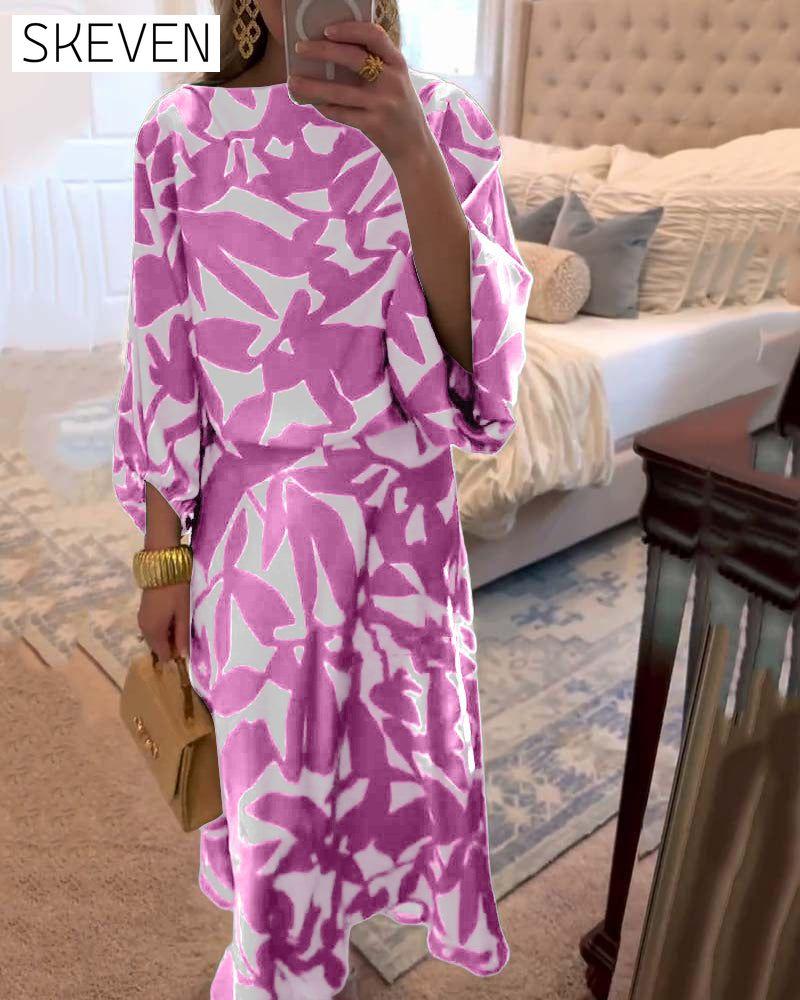 Temperament Printed Lantern Sleeves Casual Dress Set