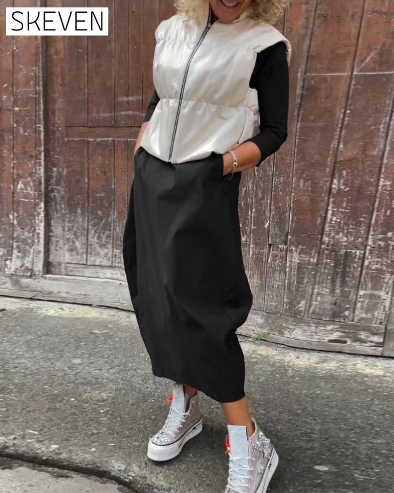 Simple solid color pocket long sleeve elegant dress