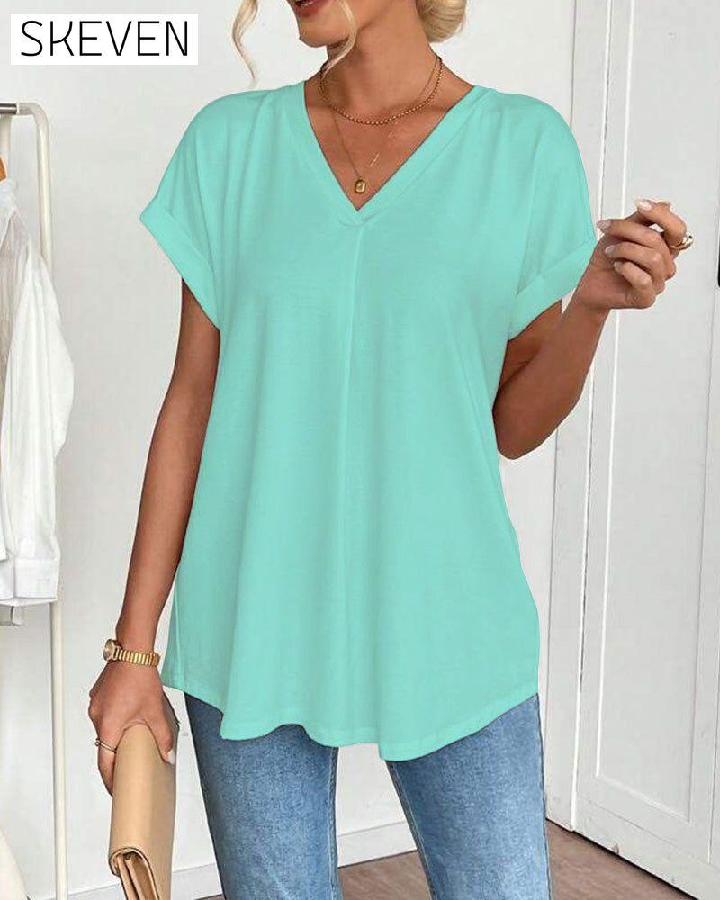 Short-Sleeved Solid Color Patchwork T-Shirt