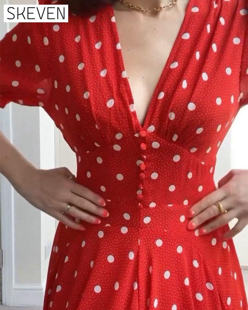 Romantic polka dot print waist dress 23BF Casual Dresses Clothes Dresses Elegant Dresses Summer