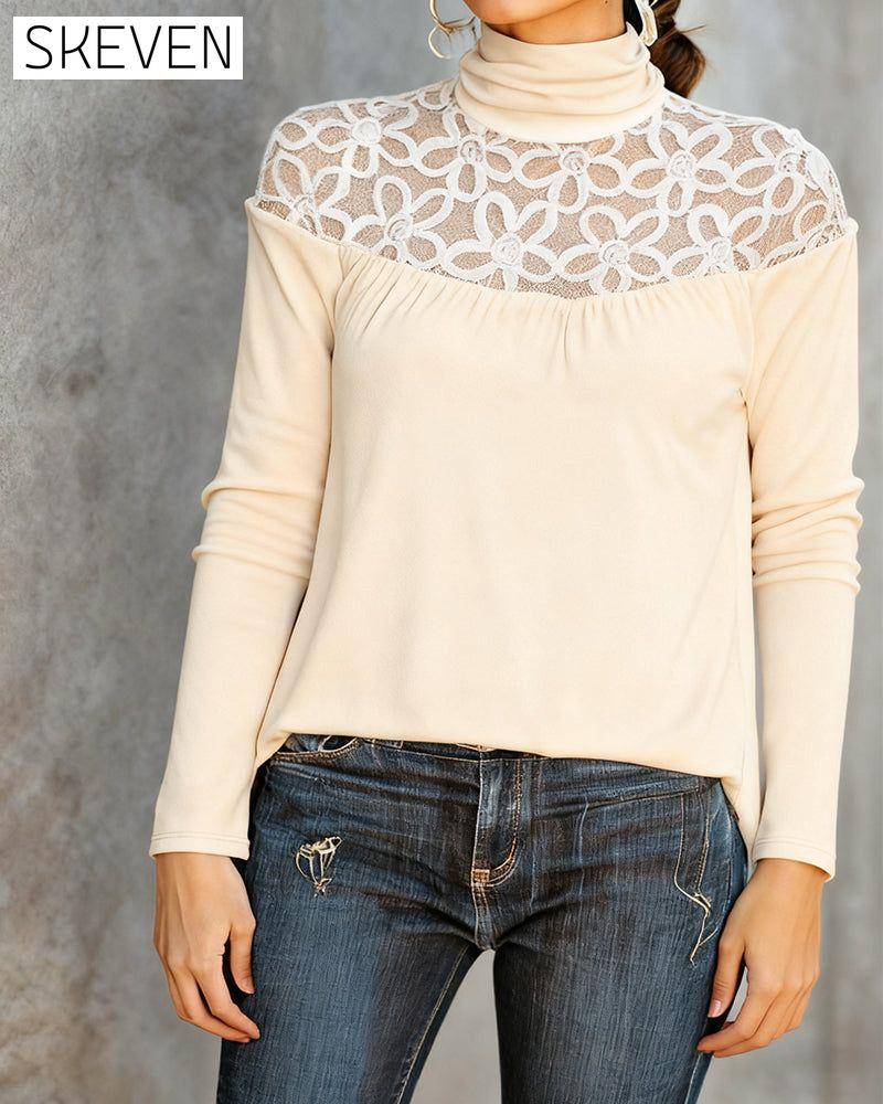 Turtleneck Lace Sheer Knit Top