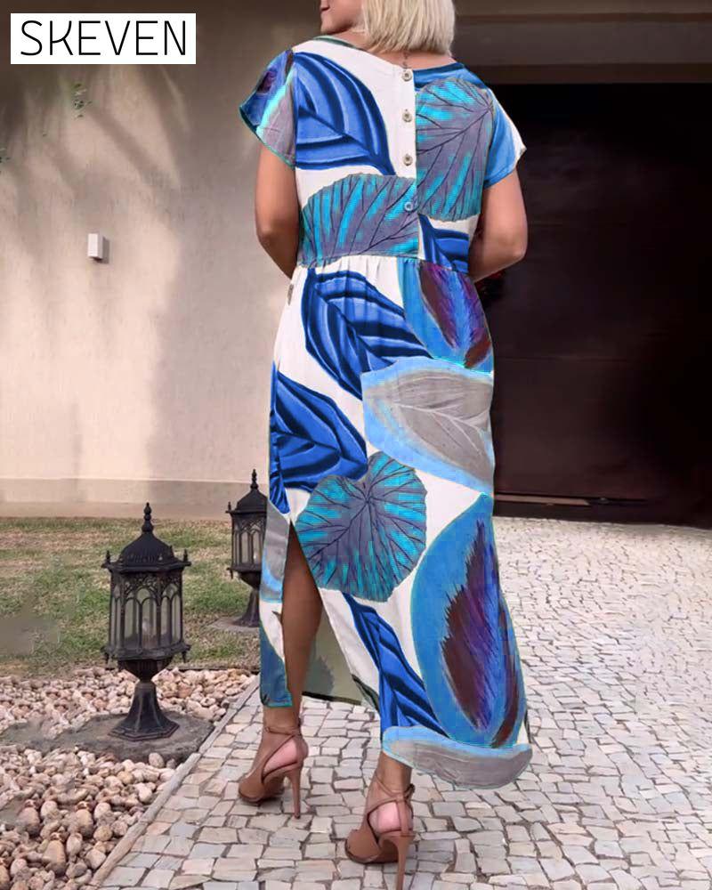 Leaf print short sleeve slit dress