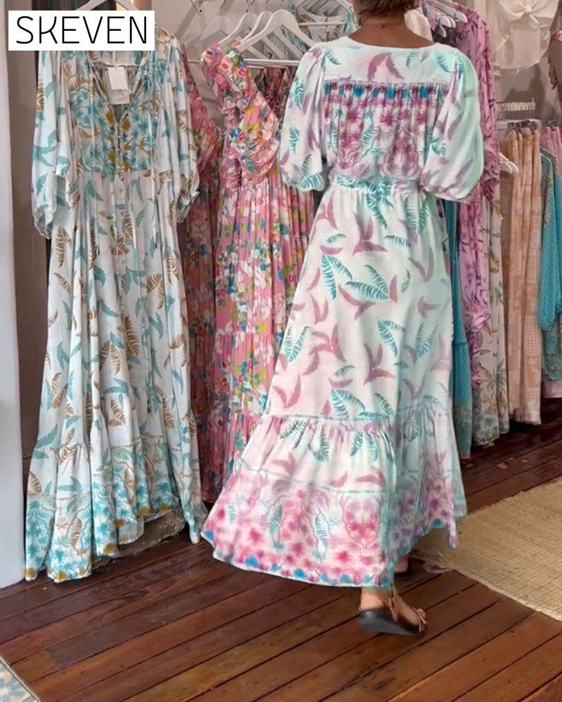 Maxikleid mit V-Ausschnitt und Blätterprint für Damen