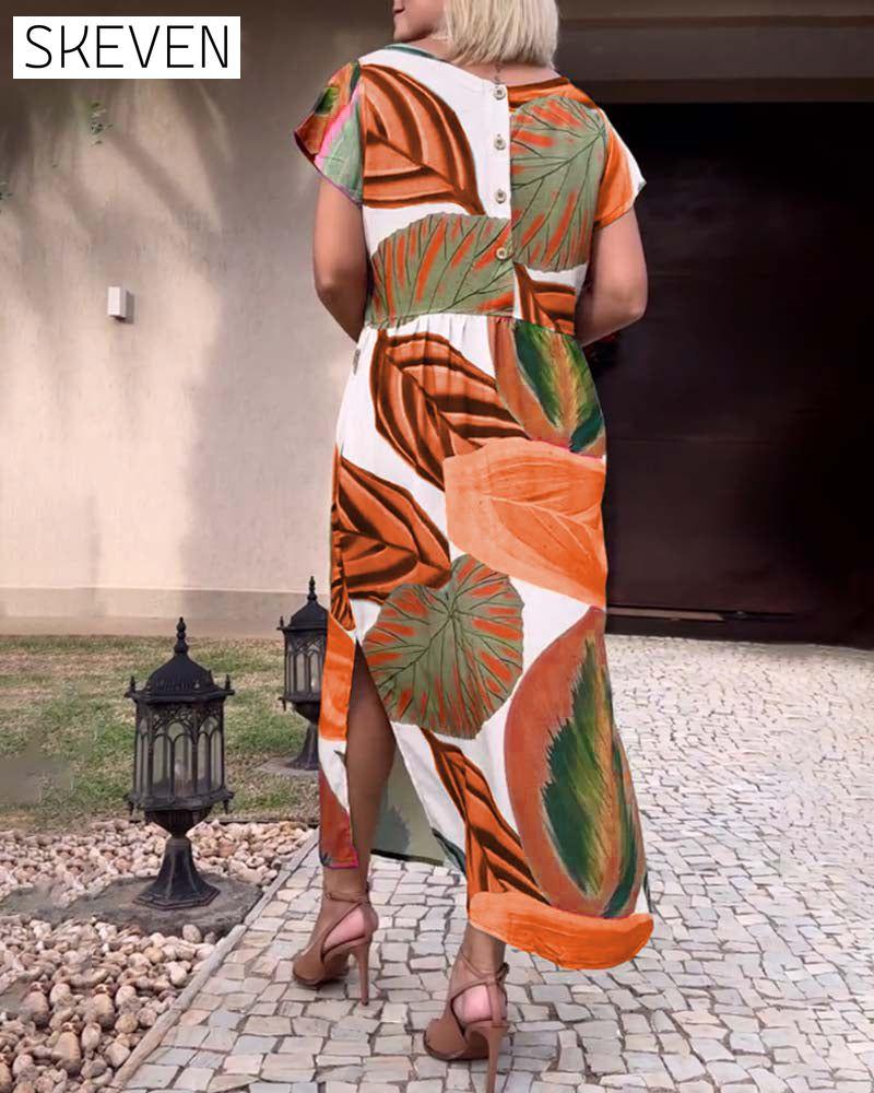 Leaf print short sleeve slit dress