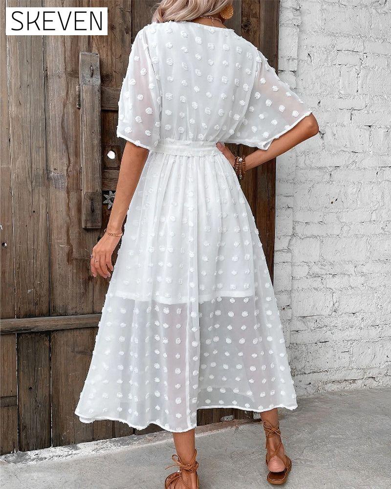Solid color v neck elegant dress