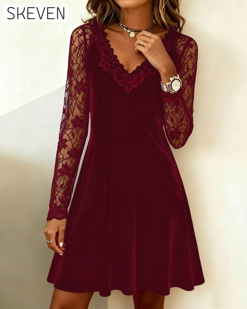 Lace-Trimmed Velvet A-Line Dress