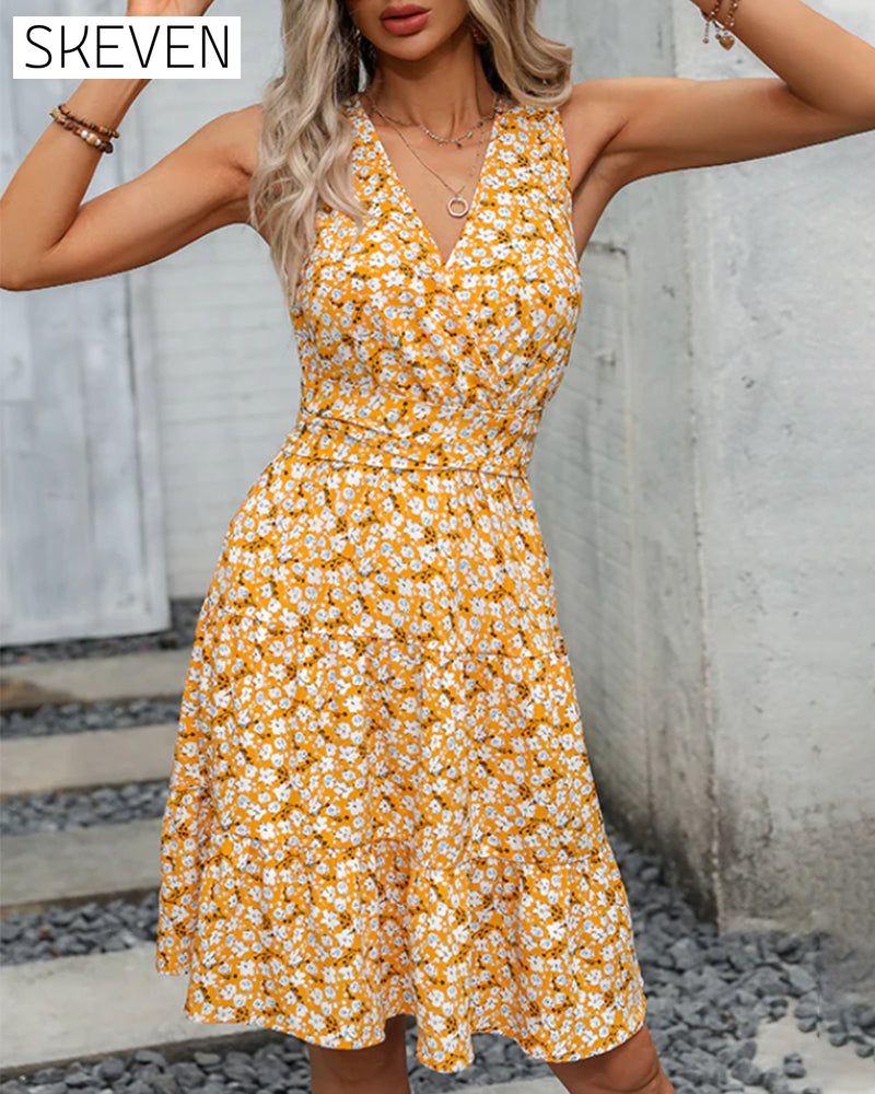 V-neck A-line Floral Dress