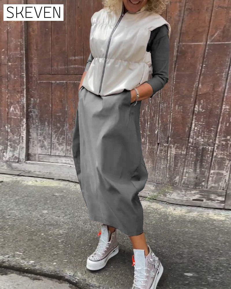 Simple solid color pocket long sleeve elegant dress
