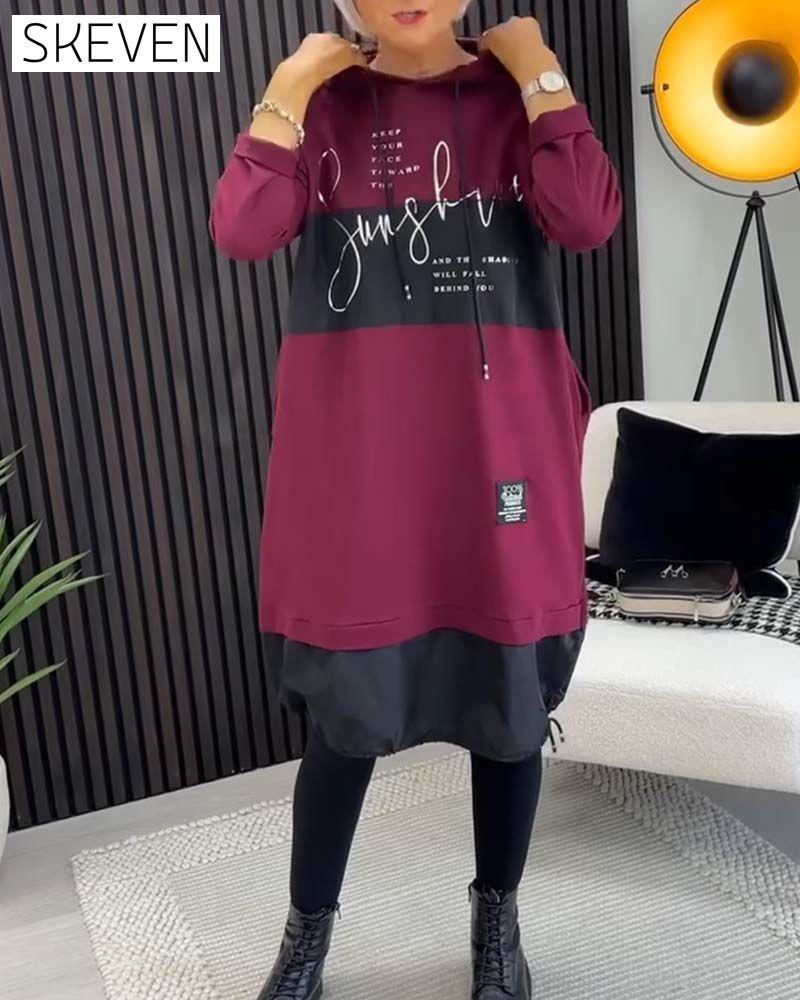 Casual color block letter print pocket hooded dress