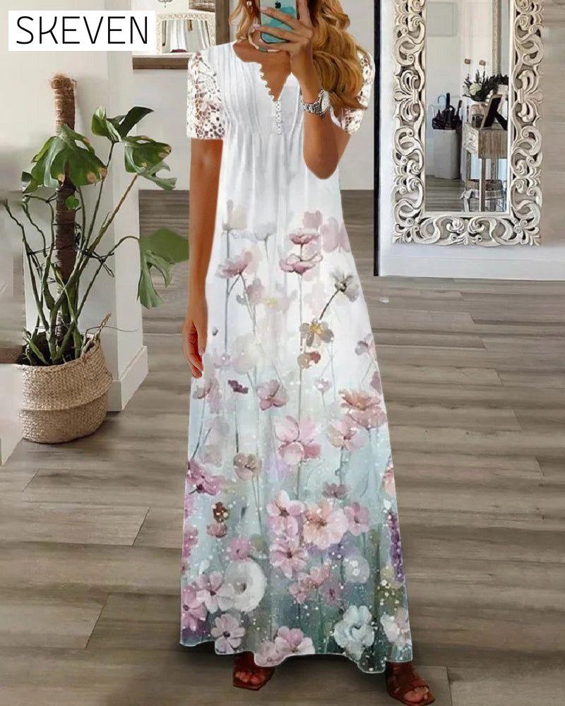 Floral print lace short sleeve long dress Purple 23BF Casual Dresses Clothes Dresses Summer