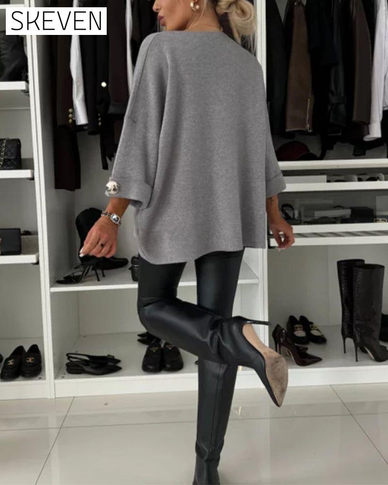 Fashion solid color round neck button pullover