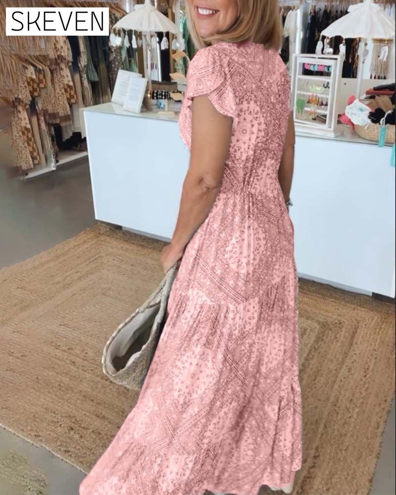 Vacation print V-neck split sleeve dress