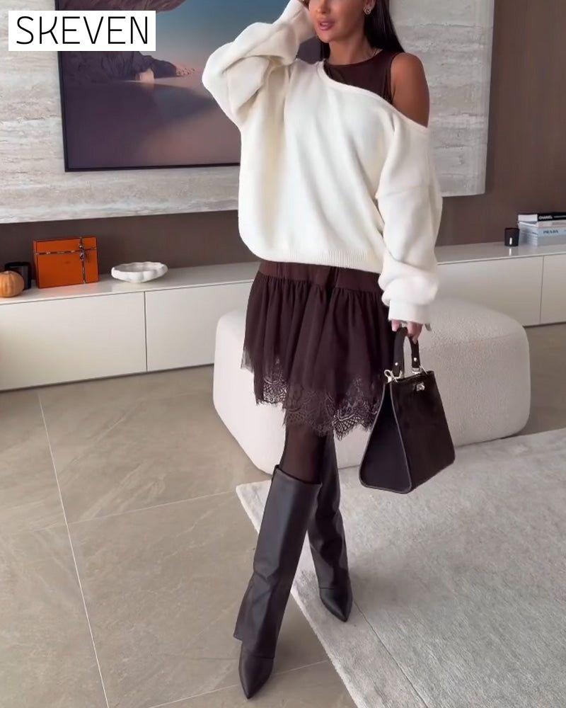 Robe pull ample à épaules dénudées et ourlet en dentelle