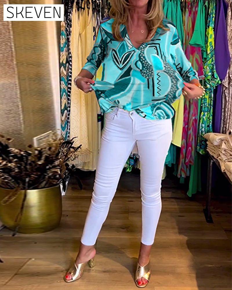 Long Sleeve Loose Printed Blouse