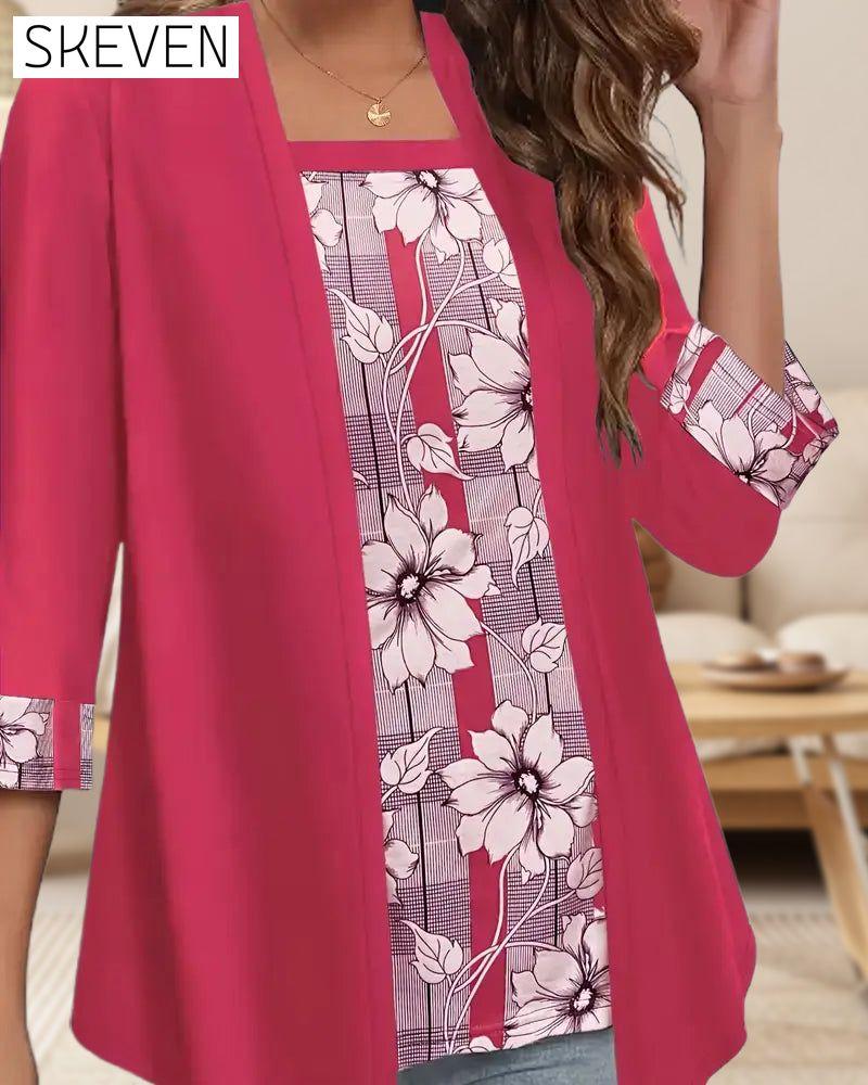 Printed Fake Two-Piece Long-Sleeved Top