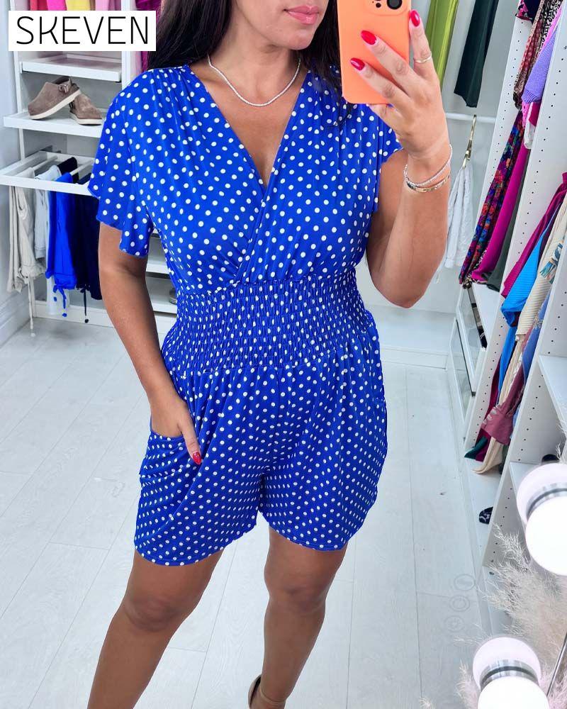 Lässiger Jumpsuit mit V-Ausschnitt, kurzen Ärmeln und Polka-Dot-Print