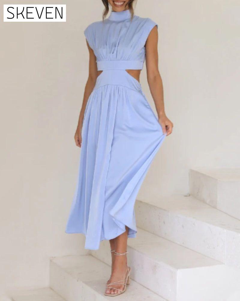 Stand collar off waist solid color long dress 23BF Casual Dresses Clothes Dresses Summer