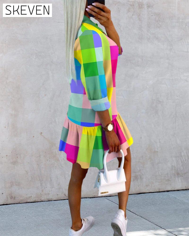 Colorful plaid print shirt dress