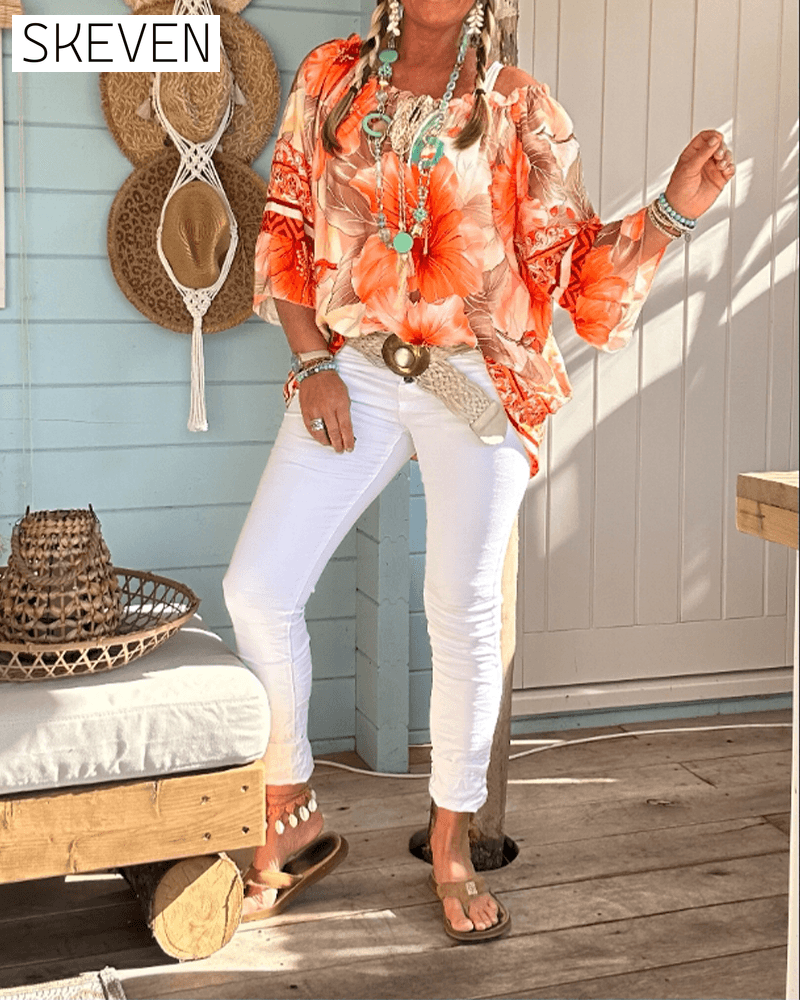 Off-Shoulder Resort-Bluse mit Print