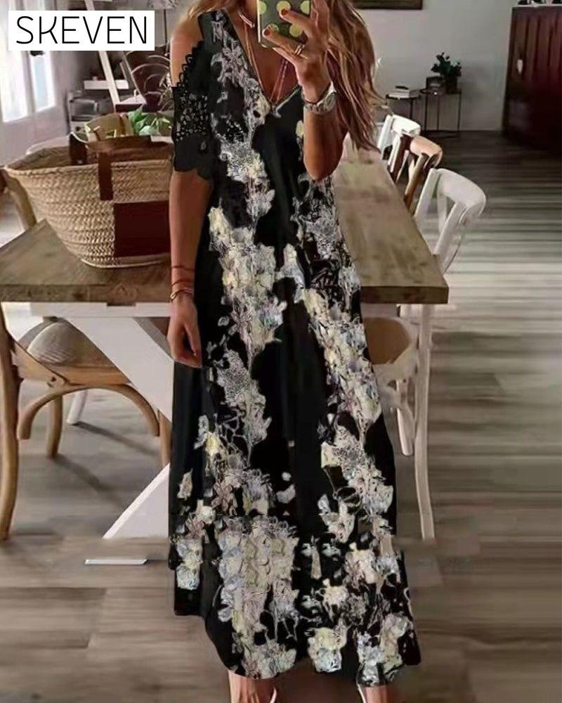 Floral Print Dress with Short Lace Sleeves Black 23BF Casual Dresses Clothes Dresses Spring Summer Vacation Dresses