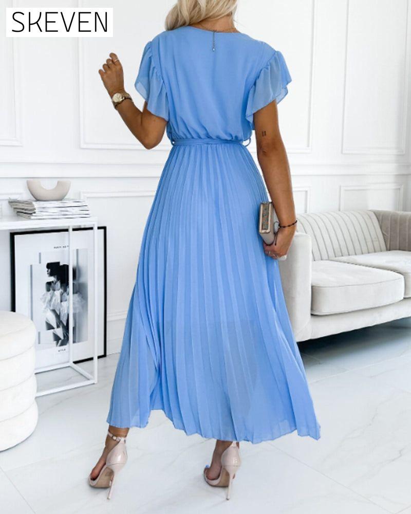 Solid color ruffled sleeves V-neck elegant dress casual dresses summer