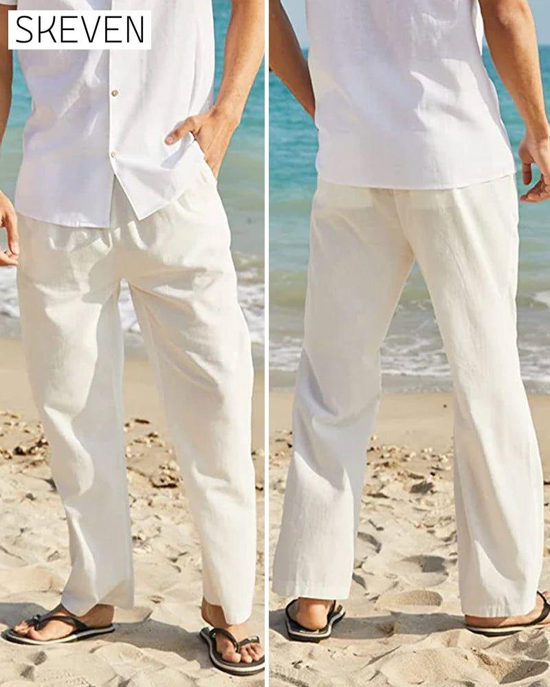 Pantalon en coton et lin respirant, couleur unie