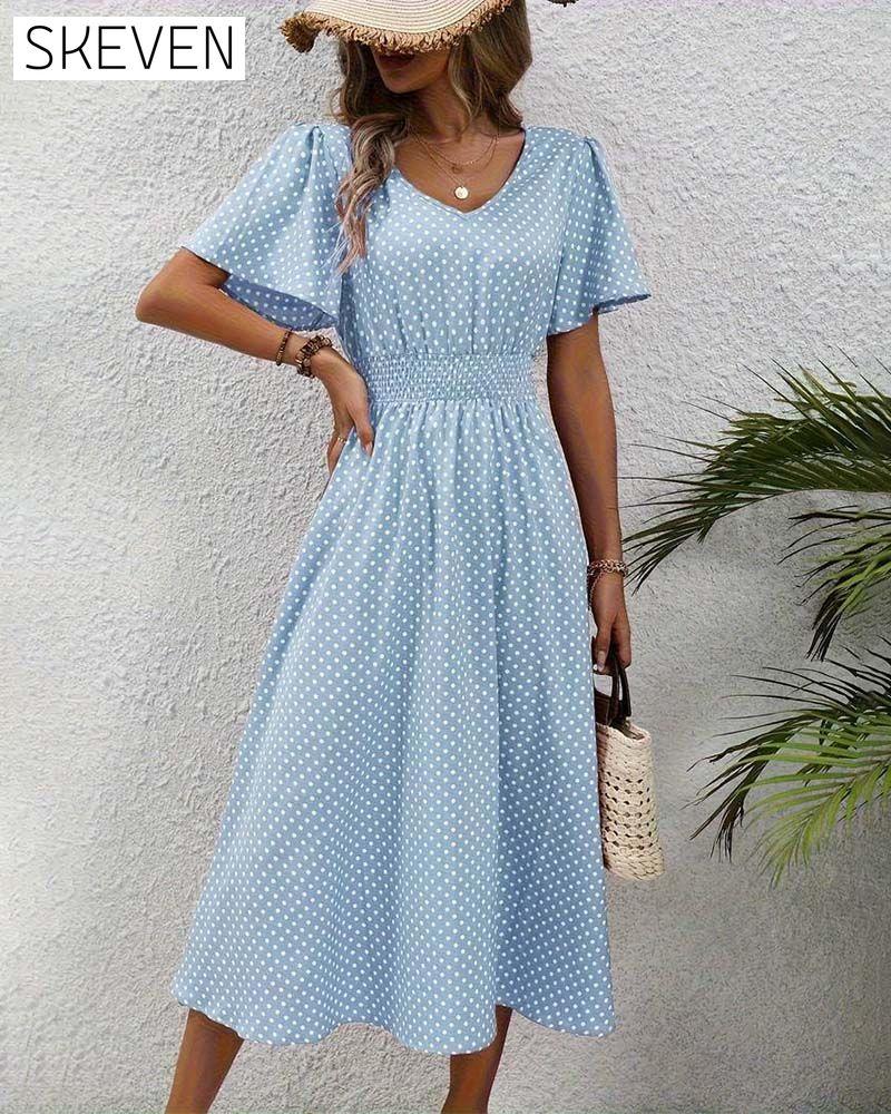 Elegant polka dot print butterfly sleeve waist dress casual dresses spring summer