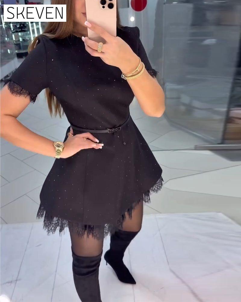 Sparkling Lace Short-Sleeve A-Line Dress