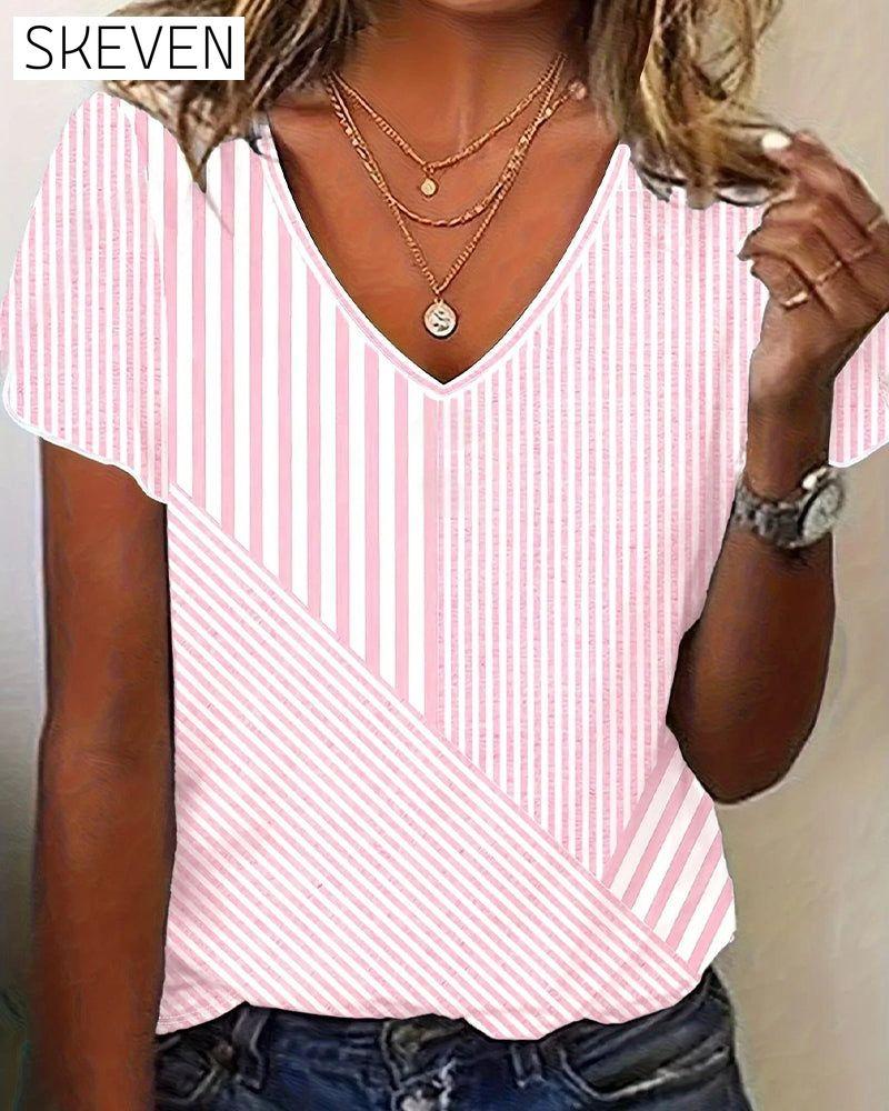 Gestreiftes T-Shirt mit V-Ausschnitt