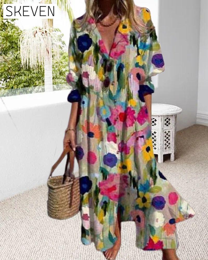V-neck colorful printed long dress casual dresses spring summer