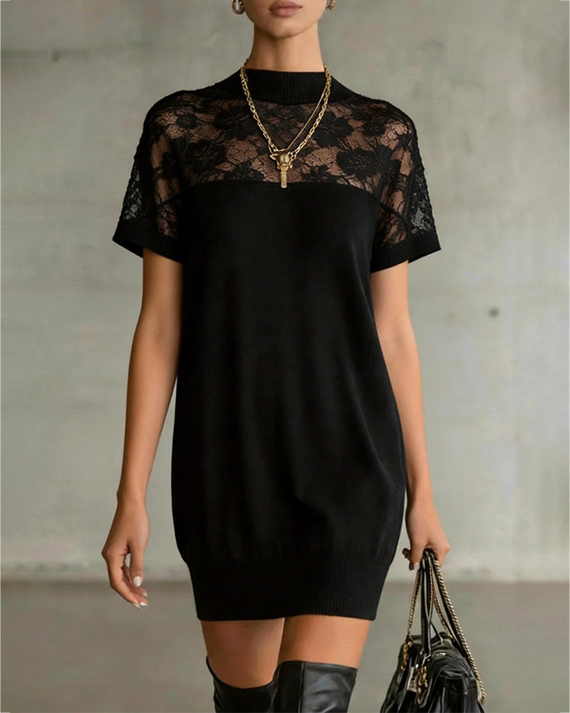 Lace Panel Mock Neck Dress