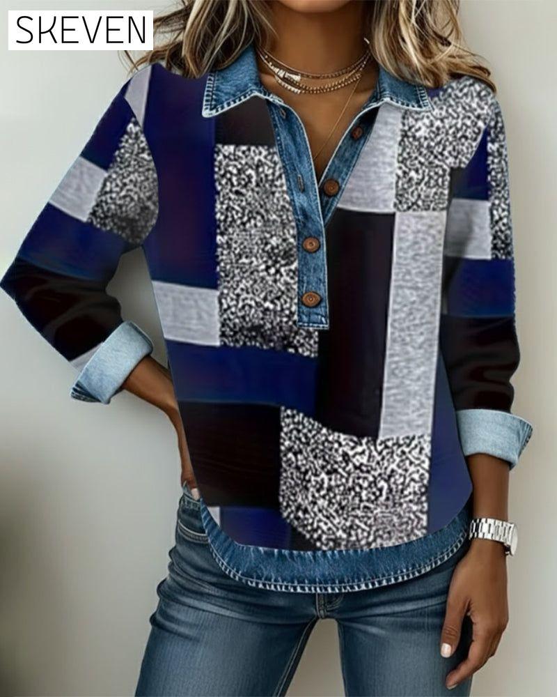 Freizeit-Sweatshirt mit Denim-Patchwork-Print