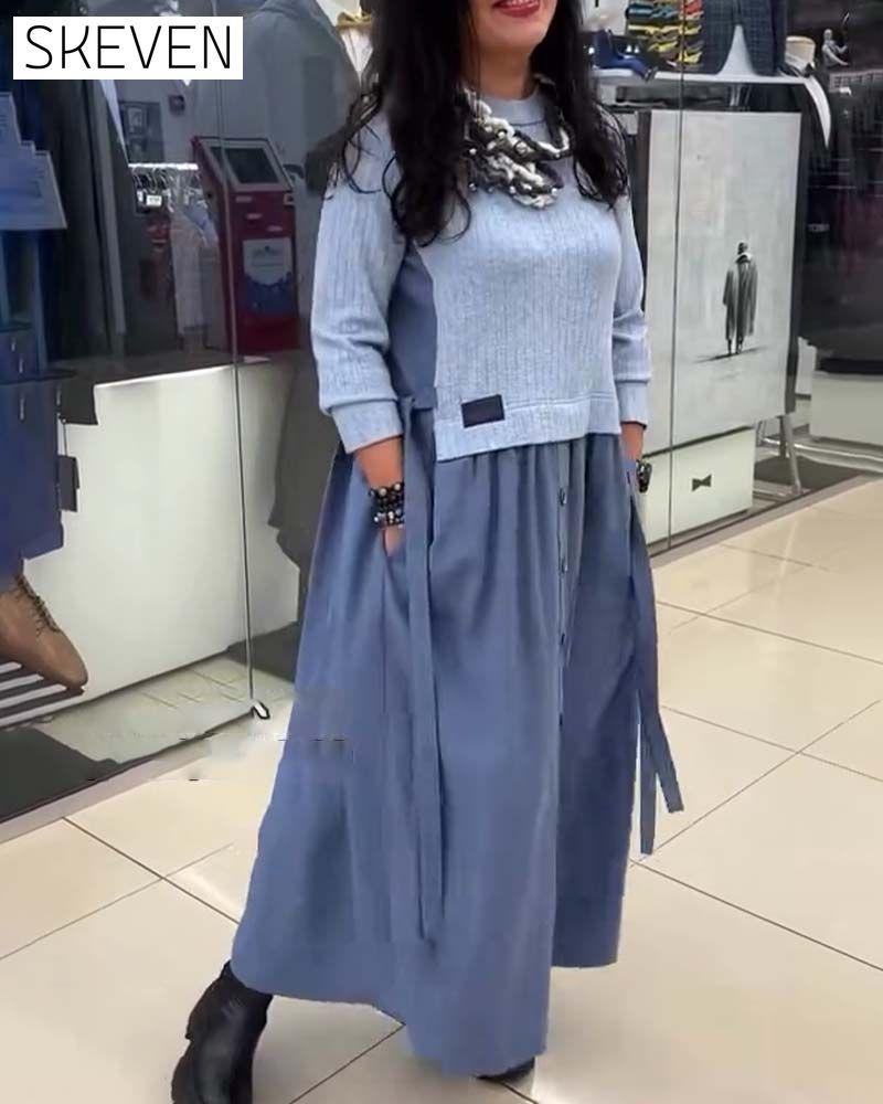 Casual Color-Blocked Round Neck Dress
