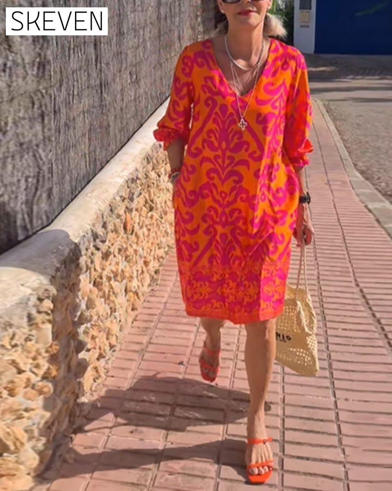 Shift dress with printed V-neck Red 23BF casual dresses Clothes Dresses vacation dresses
