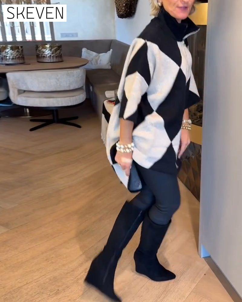 Stand-Up Collar Argyle Irregular Pullover