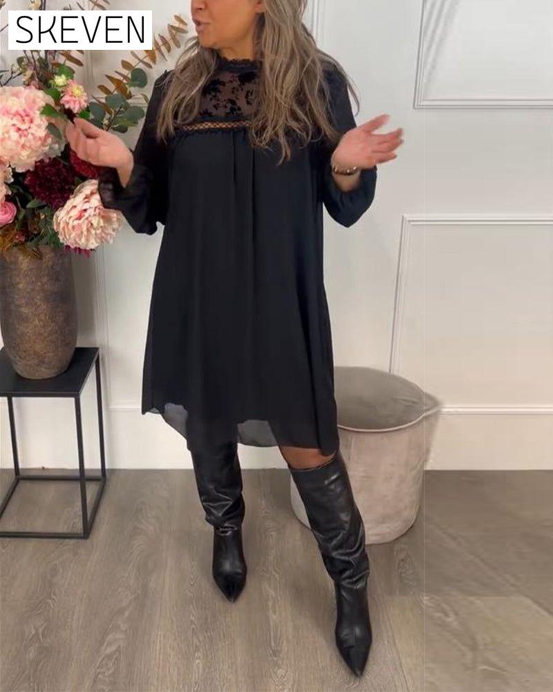 Lace Cutout Puff-Sleeve Elegant Dress