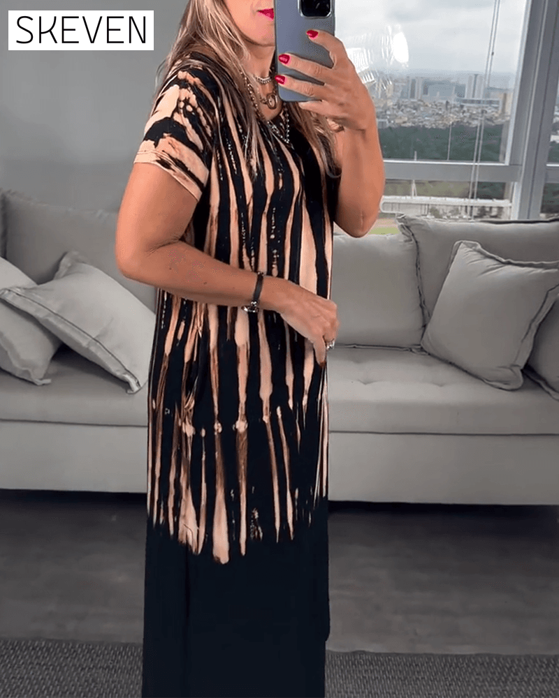 Casual Short-Sleeved Slit Round Neck Printed Dress