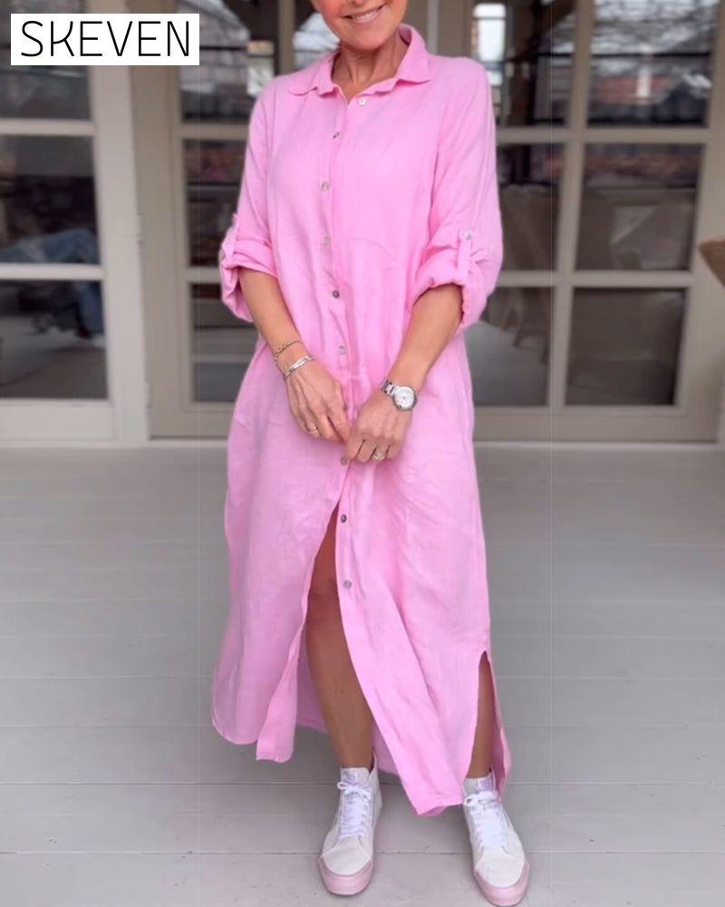 robe décontractée à revers boutonné couleur unie
