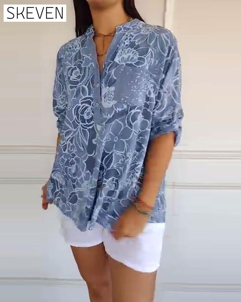 Bedruckte Bluse mit V-Ausschnitt und Knopfleiste