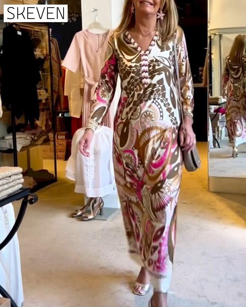 Lässiges langes Kleid mit V-Ausschnitt und Print