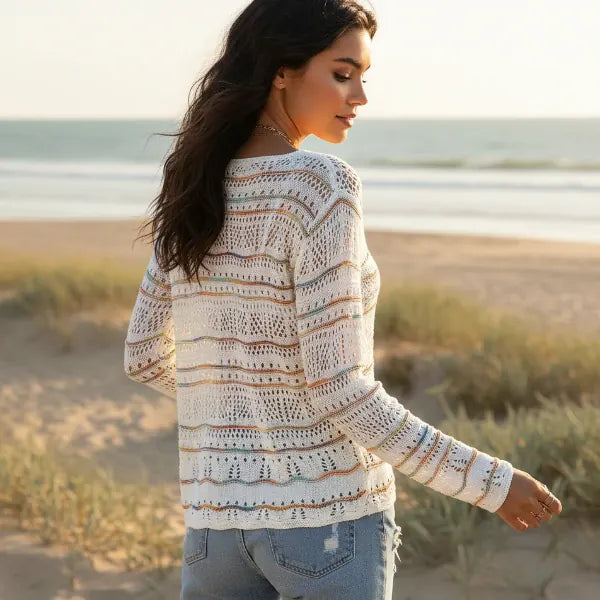 Boho Striped Open Knit V Neck Sweater